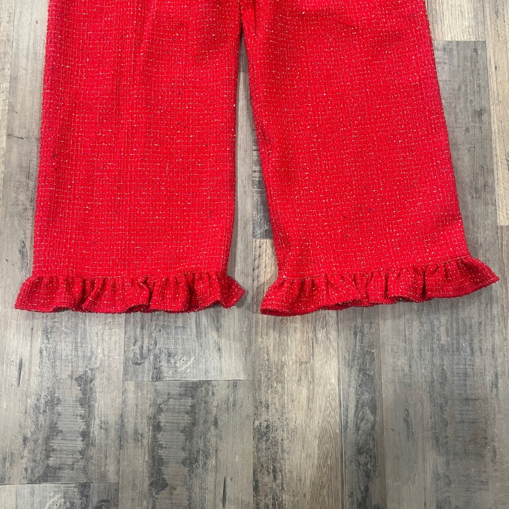 Maeve Anthropologie Red Boucle Tweed Ruffle Hem Wide Leg Pants Crystal Button - Picture 7 of 12